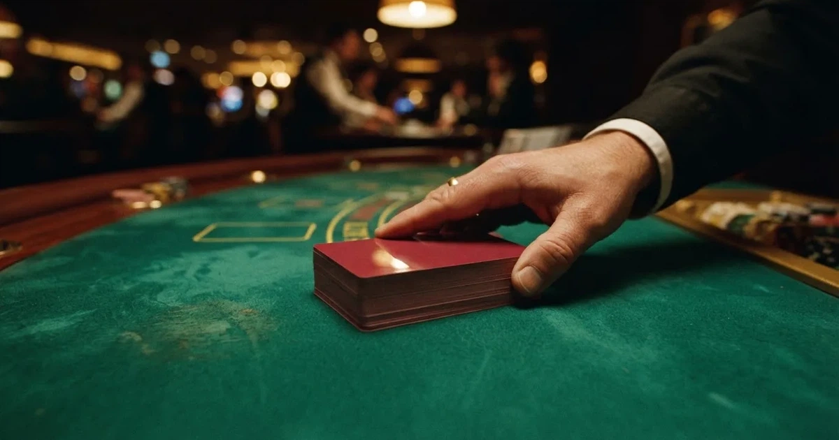 Croupierens händer blandar kort på grönt filt, taklampan speglas i den blanka kortbunten — casinon med bingo i sverige