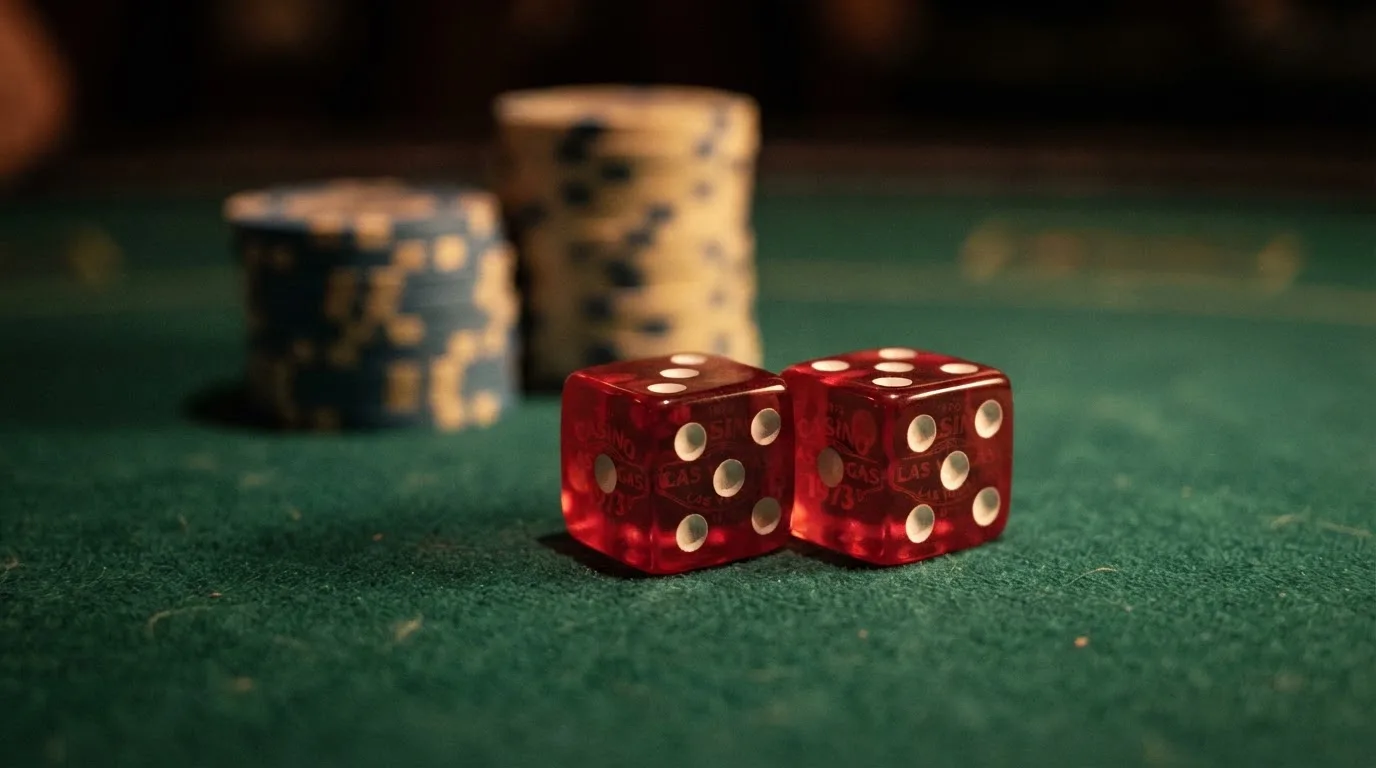 Röda tärningar vilar på grönt filt, bakom dem suddiga torn av spelmarker i kvällsdunklet — casinon med craps i sverige