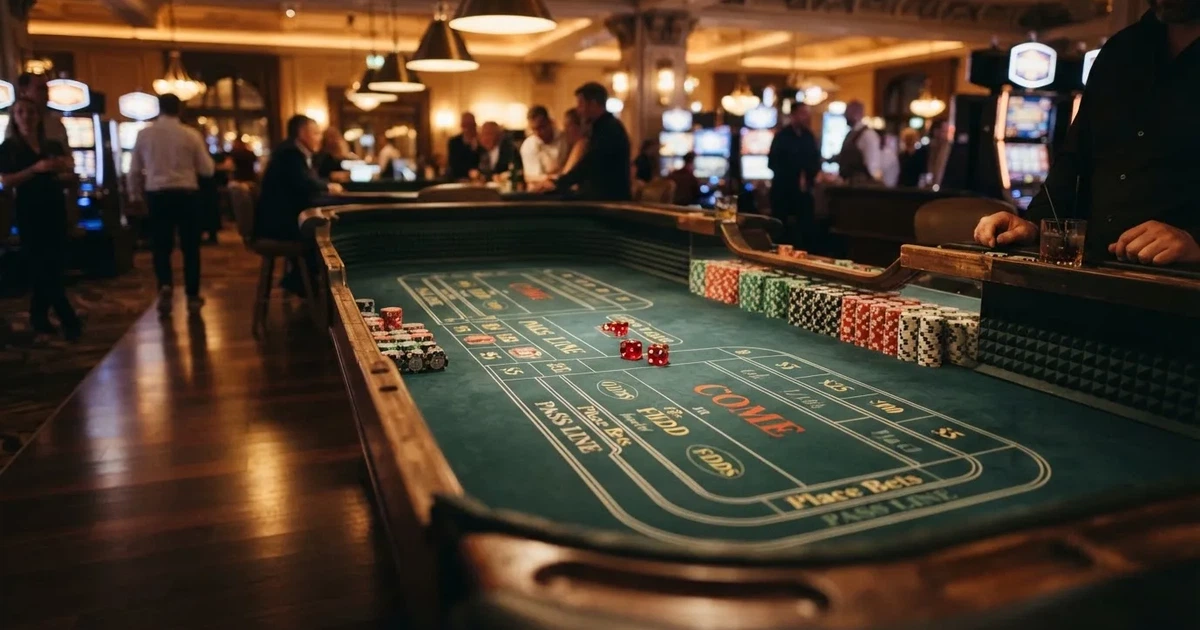 En rad spelskåp i en dunkel hall, rullarna lyser i olika färger och golvet speglar dem — casinon med craps i sverige
