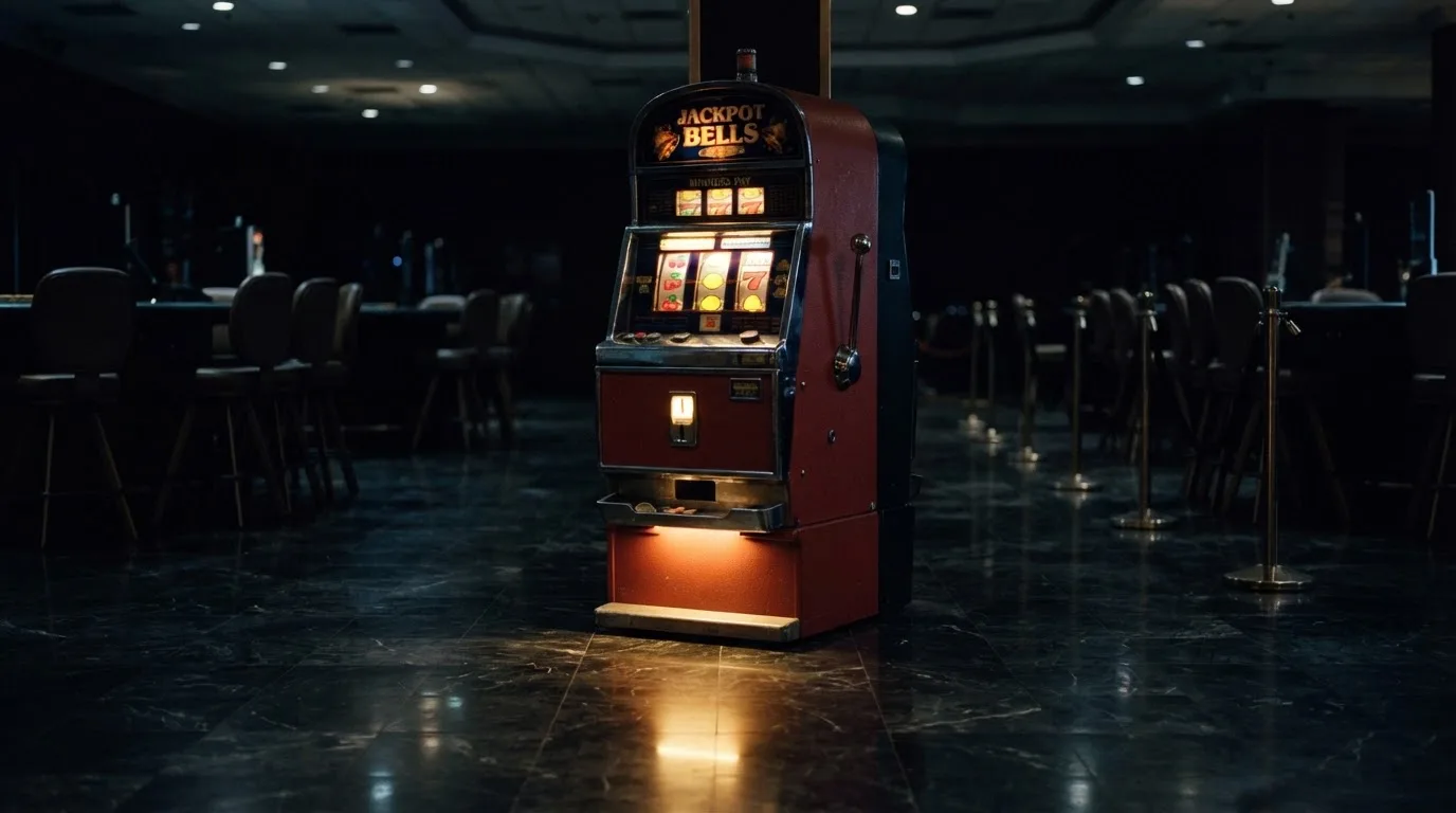 En gammal spelautomat lyser i den dunkla hallen och speglar sig i golvet — casinon med curaçao licens