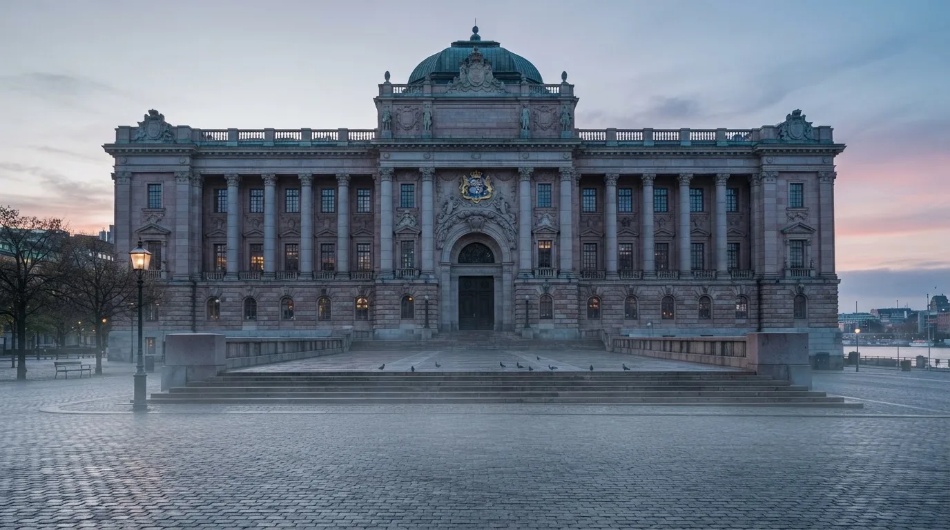 Stenfasad på en statlig byggnad i Stockholm vid gryning, höga pelare och ett tomt torg framför — casinon med gratissnurr