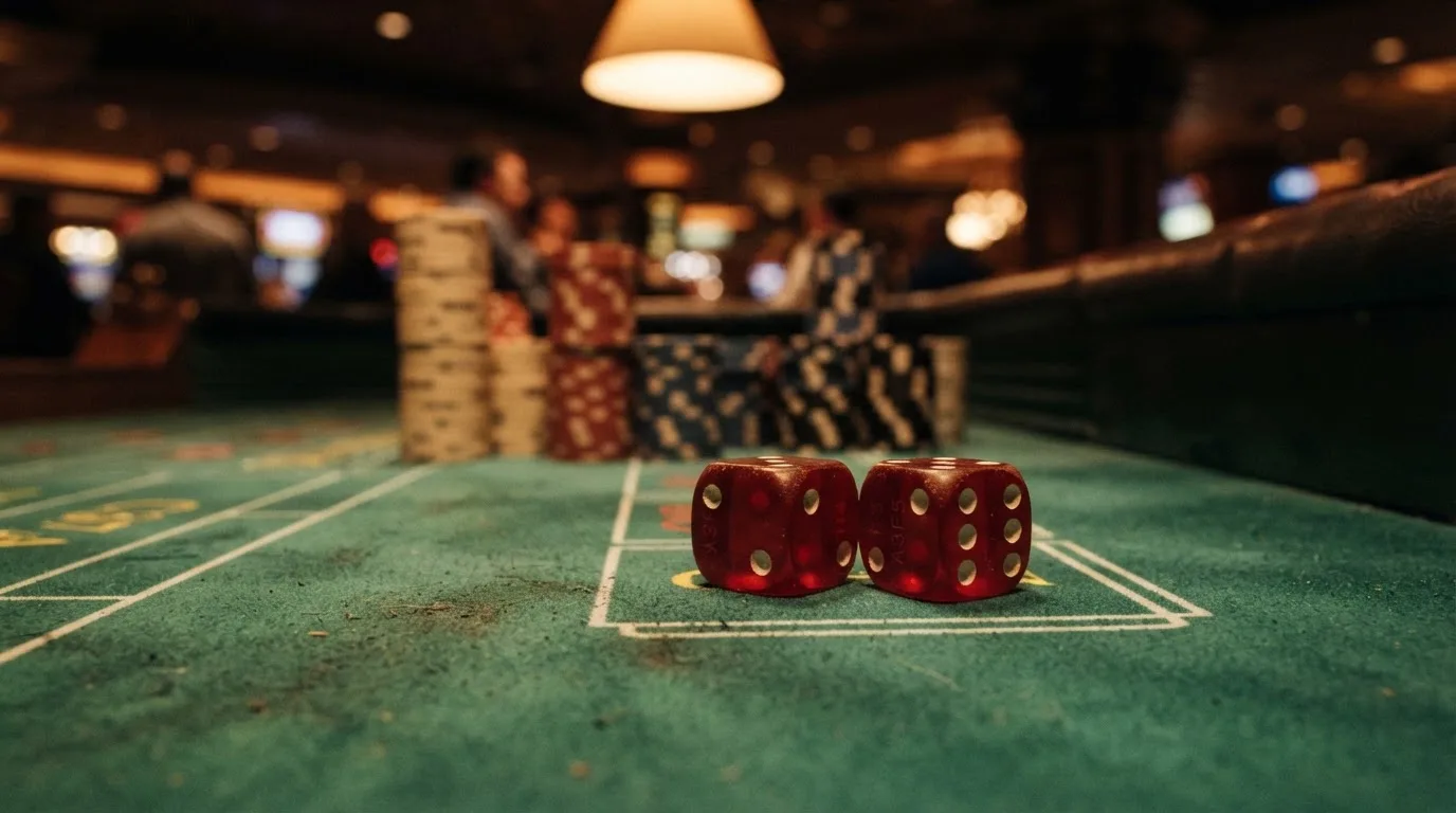 Röda tärningar vilar på grönt filt, bakom dem suddiga torn av spelmarker i kvällsdunklet — casinon med jackpot i sverige