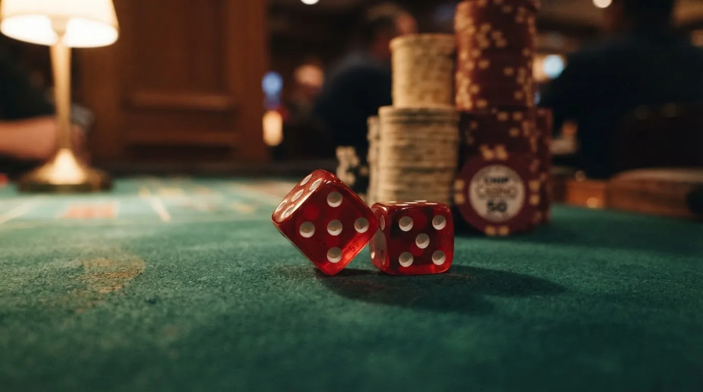 Röda tärningar vilar på grönt filt, bakom dem suddiga torn av spelmarker i kvällsdunklet — casinon med låg insättning