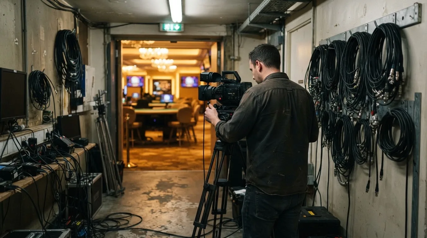 En tekniker kontrollerar kameror och kablar bakom kulisserna i ett studioliknande rum utan synliga personer i förgrunden.