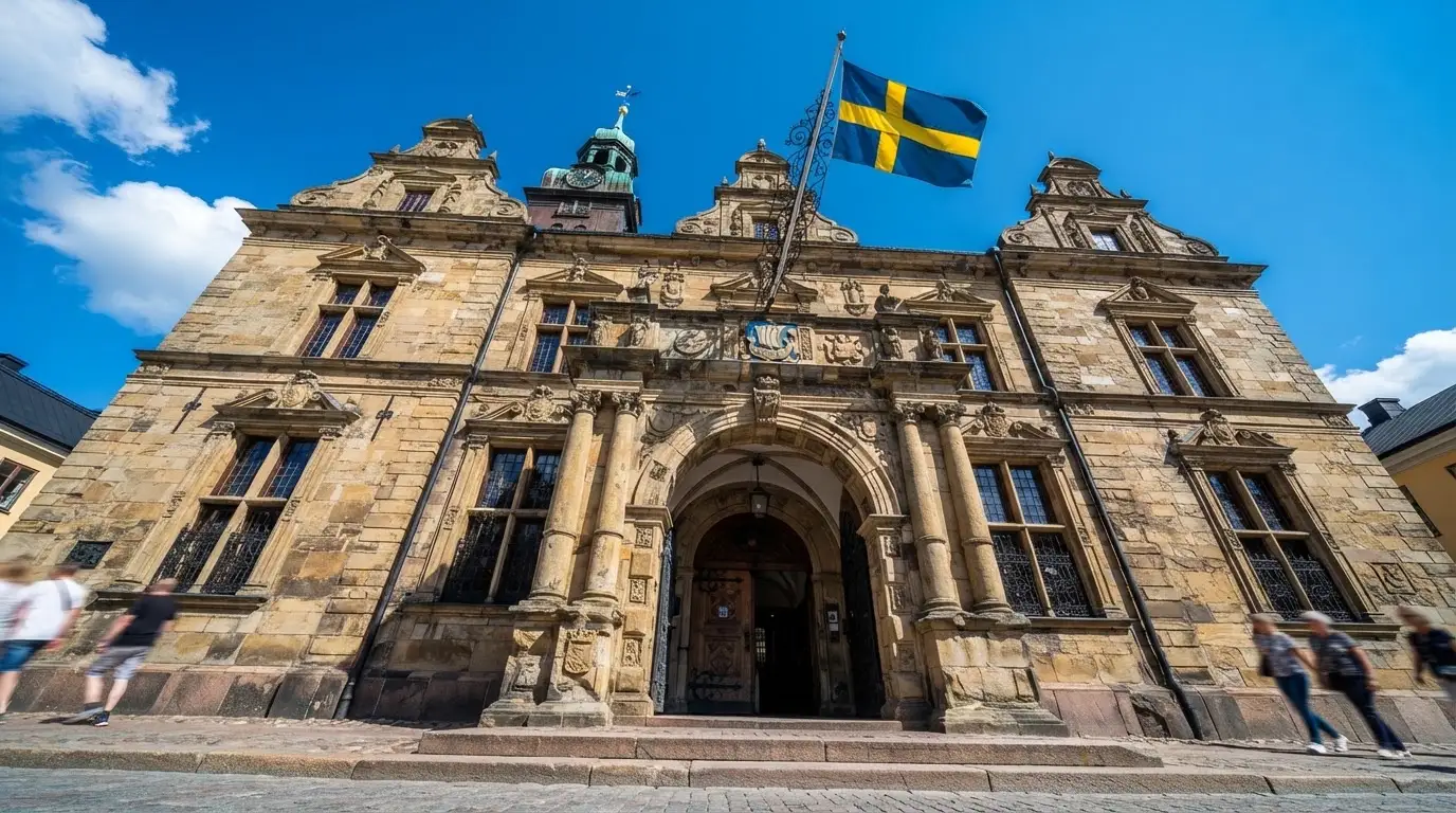 Ett gammalt stadshus i sten fotograferat underifrån mot en klarblå himmel, med den svenska flaggan som fladdrar ovanför entrén.