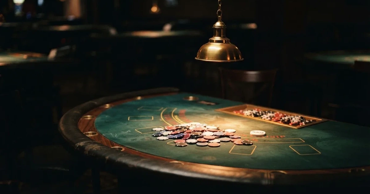 Ett ovalt pokerbord under en lågt hängande lampa, med spelmarker och en vit bricka i ljuset — casinon med roulette i sverige
