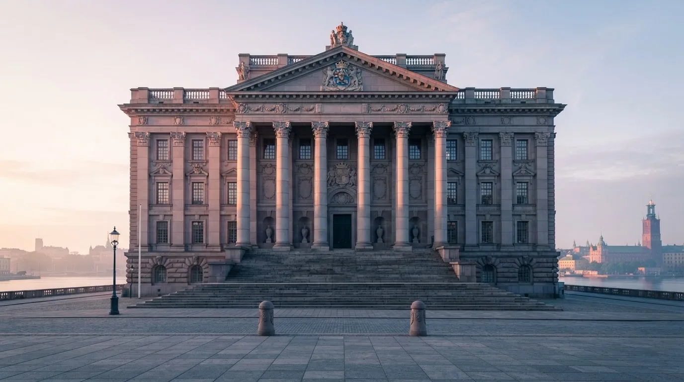 Stenfasad på en statlig byggnad i Stockholm vid gryning, höga pelare och ett tomt torg framför — casinon med roulette i sverige