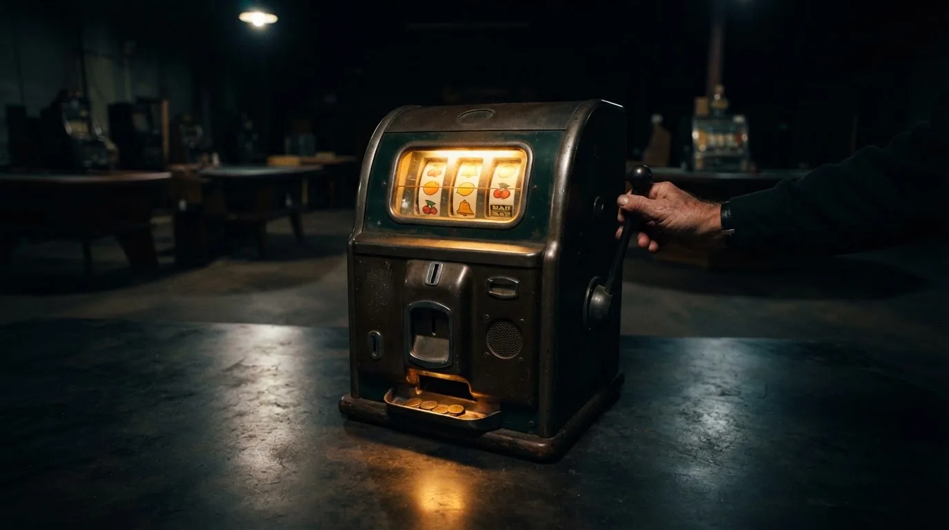 En gammal spelautomat lyser i den dunkla hallen och speglar sig i golvet — casinon med slots i sverige