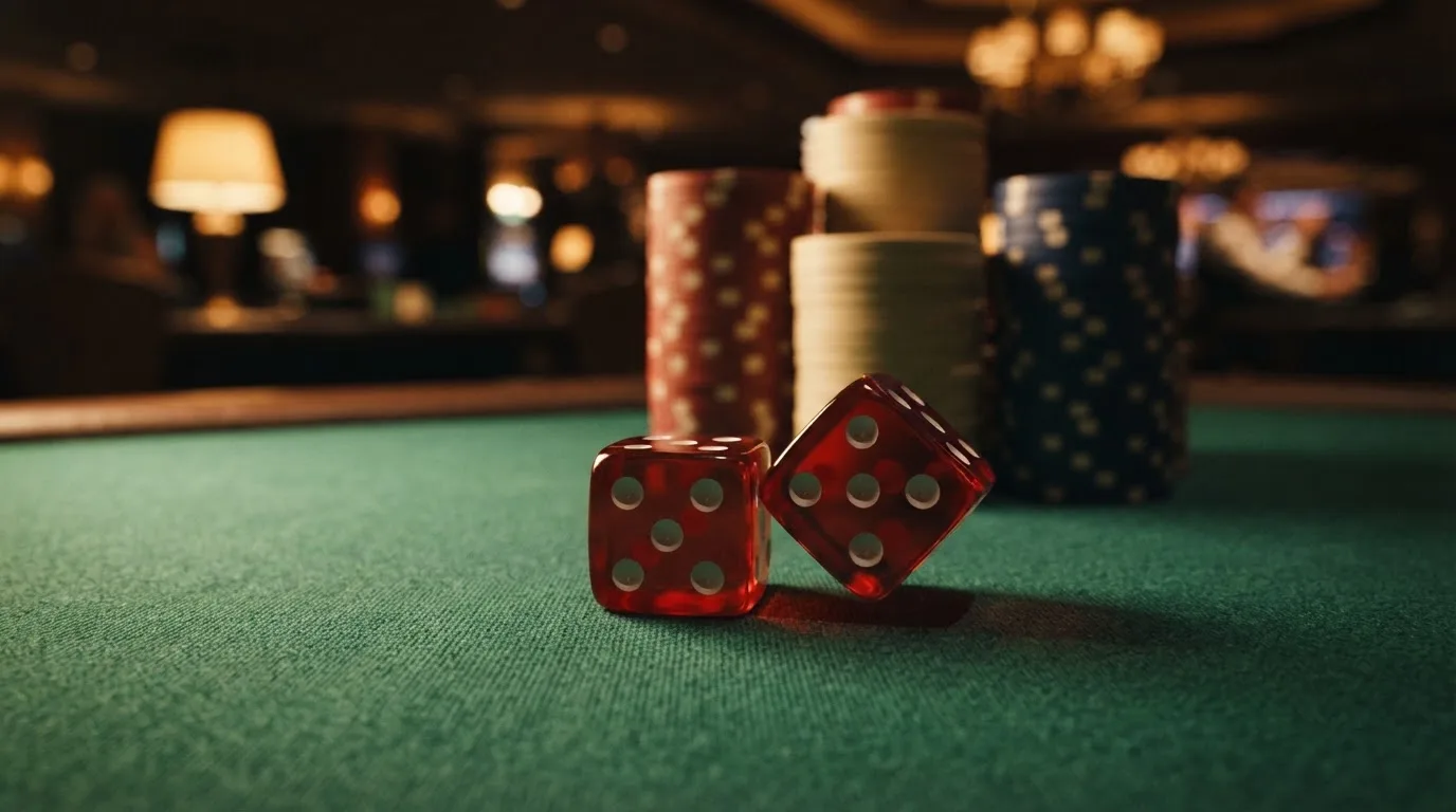 Röda tärningar vilar på grönt filt, bakom dem suddiga torn av spelmarker i kvällsdunklet — casinon med spelautomater i sverige