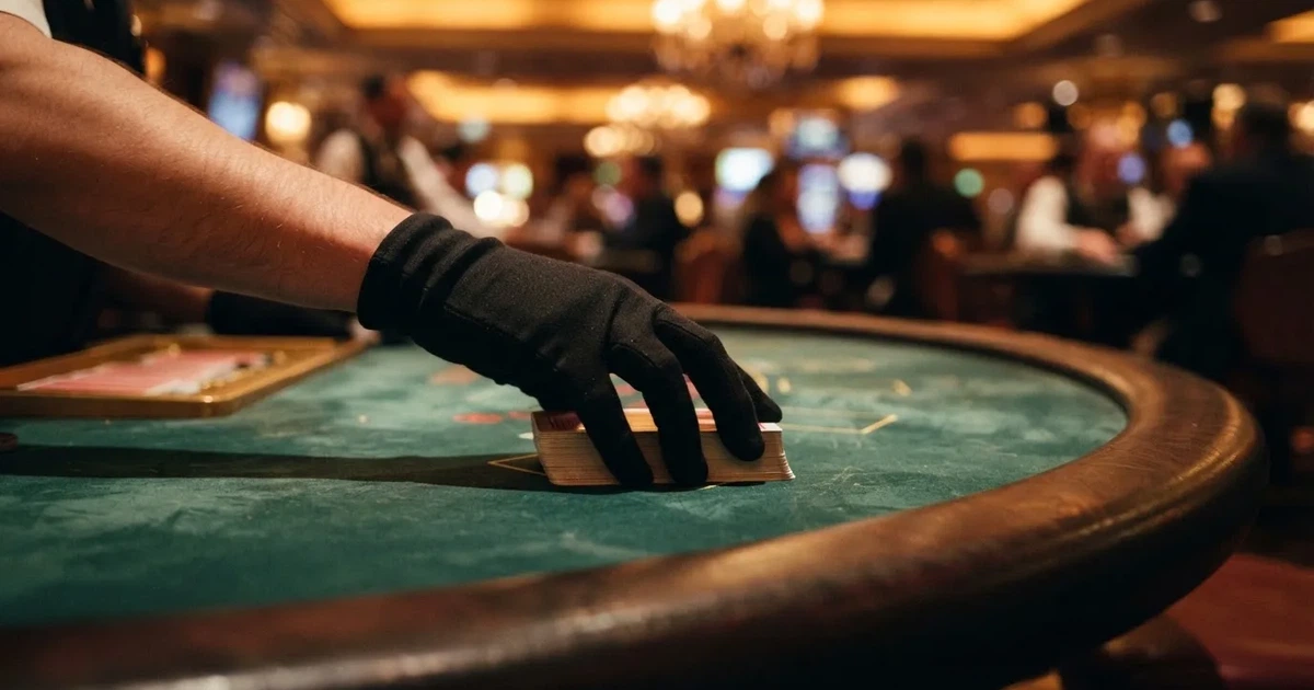 Croupierens händer blandar kort på grönt filt, taklampan speglas i den blanka kortbunten — casinon med störst vinstchans