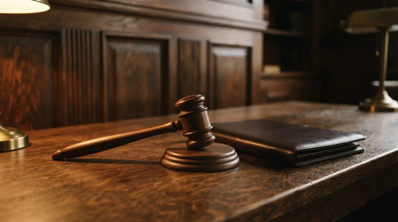 En domarklubba bredvid en sluten läderpärm på ett mörkt bord, ekpanel bakom — casinon med störst vinstchans