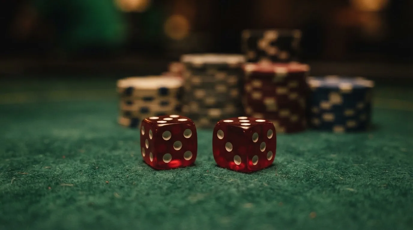 Röda tärningar vilar på grönt filt, bakom dem suddiga torn av spelmarker i kvällsdunklet — casinon med uttag i sverige