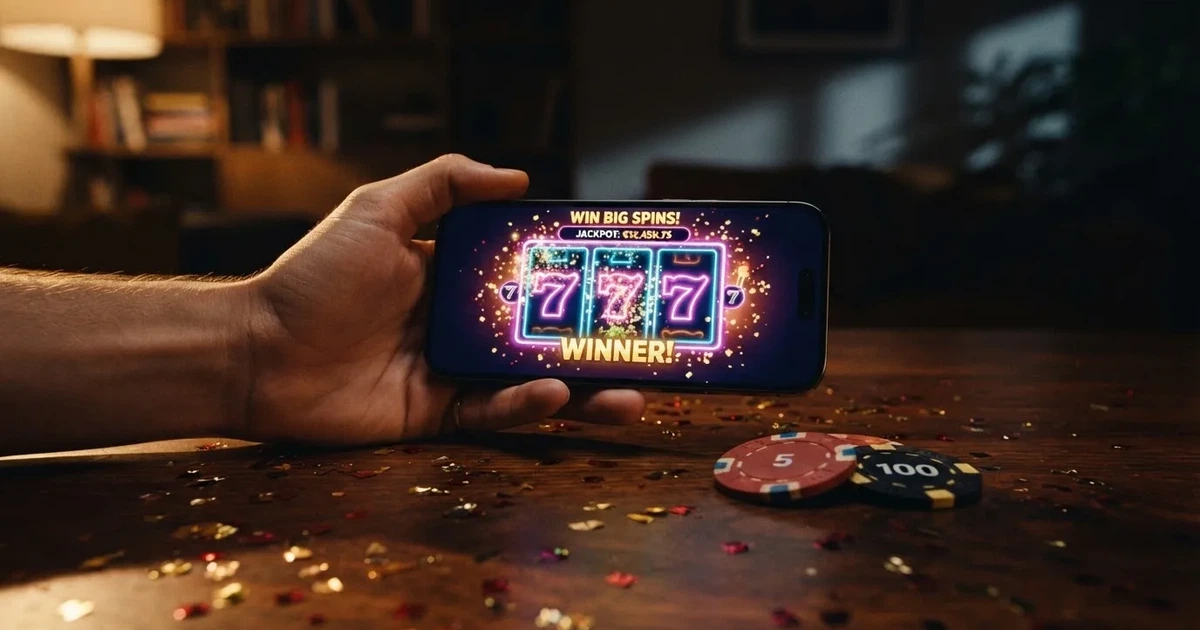En hand håller upp en smartphone med skärmen vänd nedåt bredvid glittrande konfetti och guldmynt på ett mörkt bord.