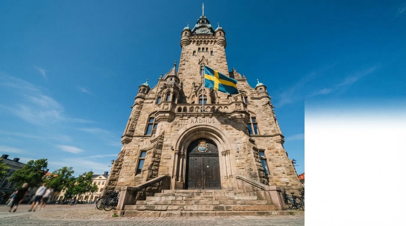 Ett gammalt stadshus i sten fotograferat underifrån mot en klarblå himmel, med den svenska flaggan som fladdrar ovanför entrén.