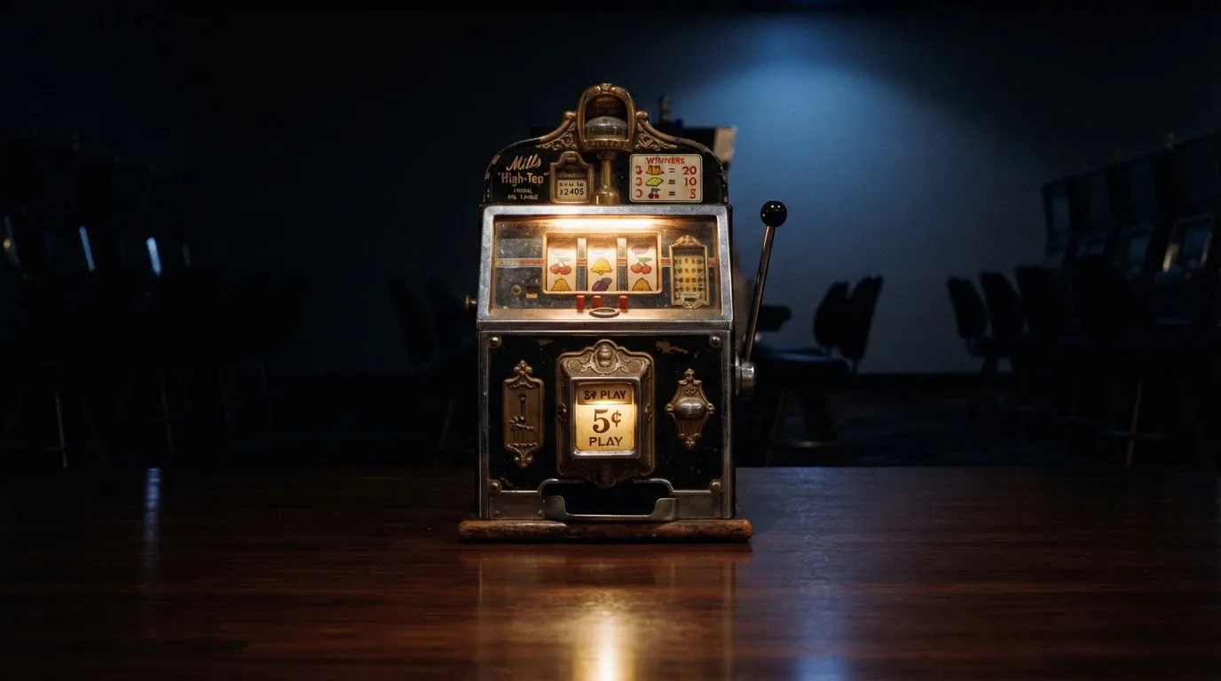 En gammal spelautomat lyser i den dunkla hallen och speglar sig i golvet — casinon med välkomsterbjudande