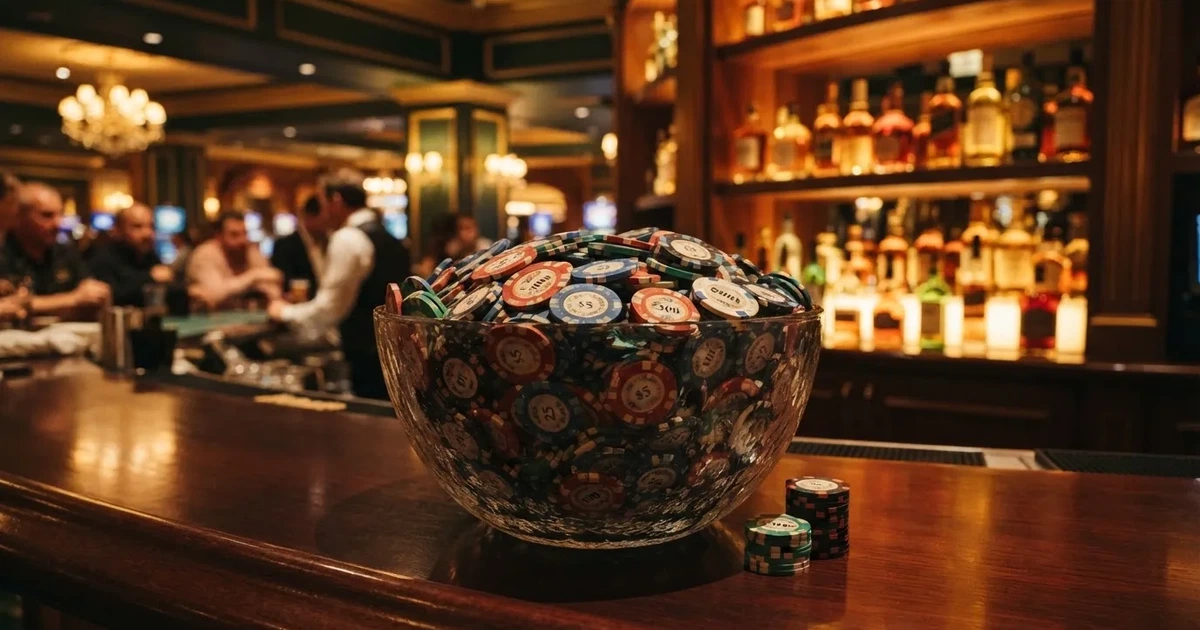 En glasskål full av färgglada spelmarker på en bardisk, flaskor glöder bakom i bärnstensfärg — casinon med välkomsterbjudande