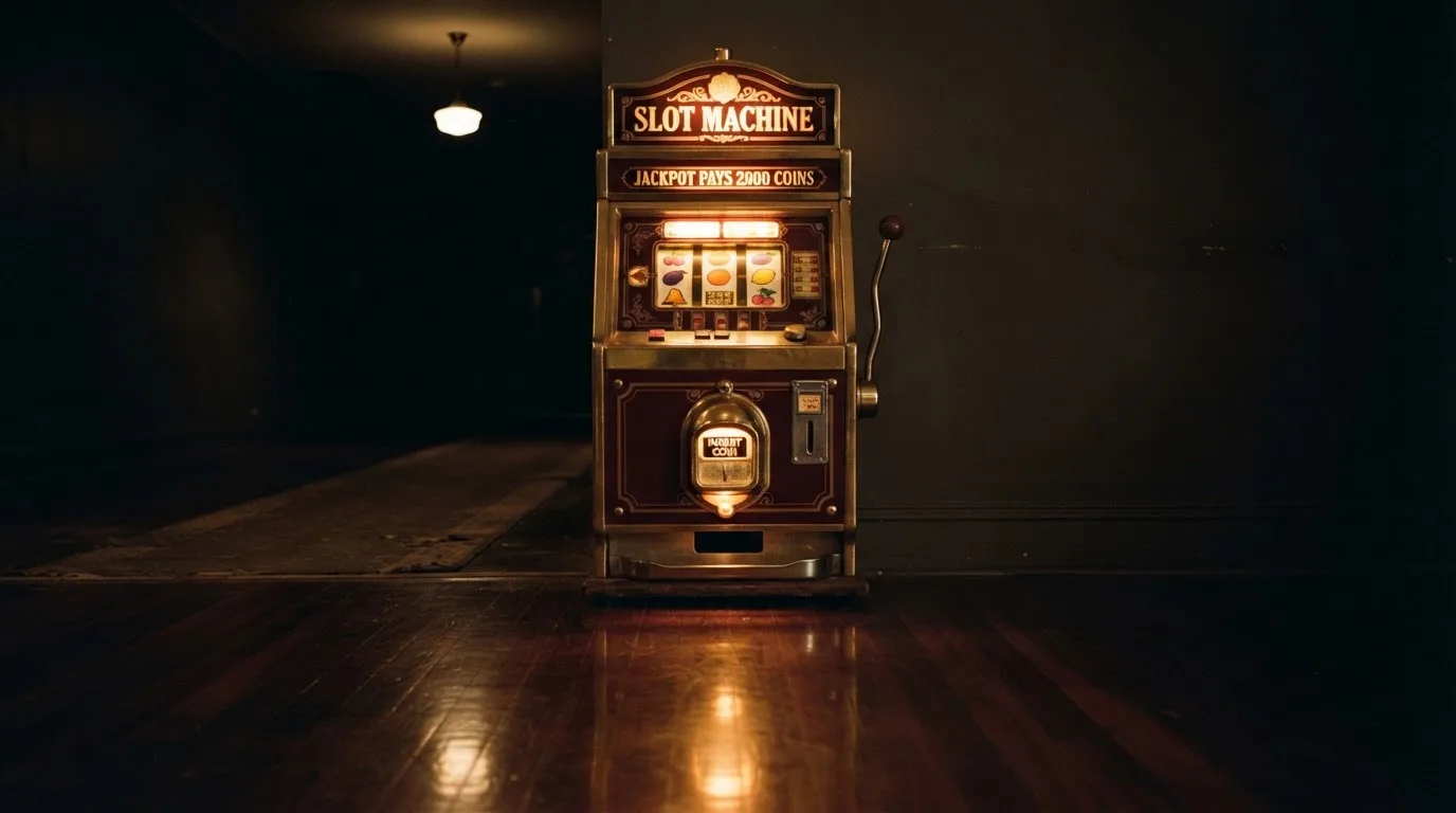 En gammal spelautomat lyser i den dunkla hallen och speglar sig i golvet — casinon utan bankid i sverige