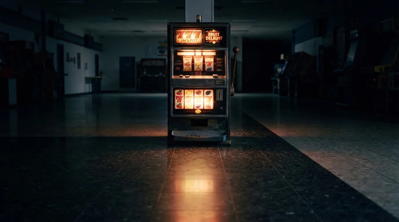 En gammal spelautomat lyser i den dunkla hallen och speglar sig i golvet — casinon utan omsättningskrav