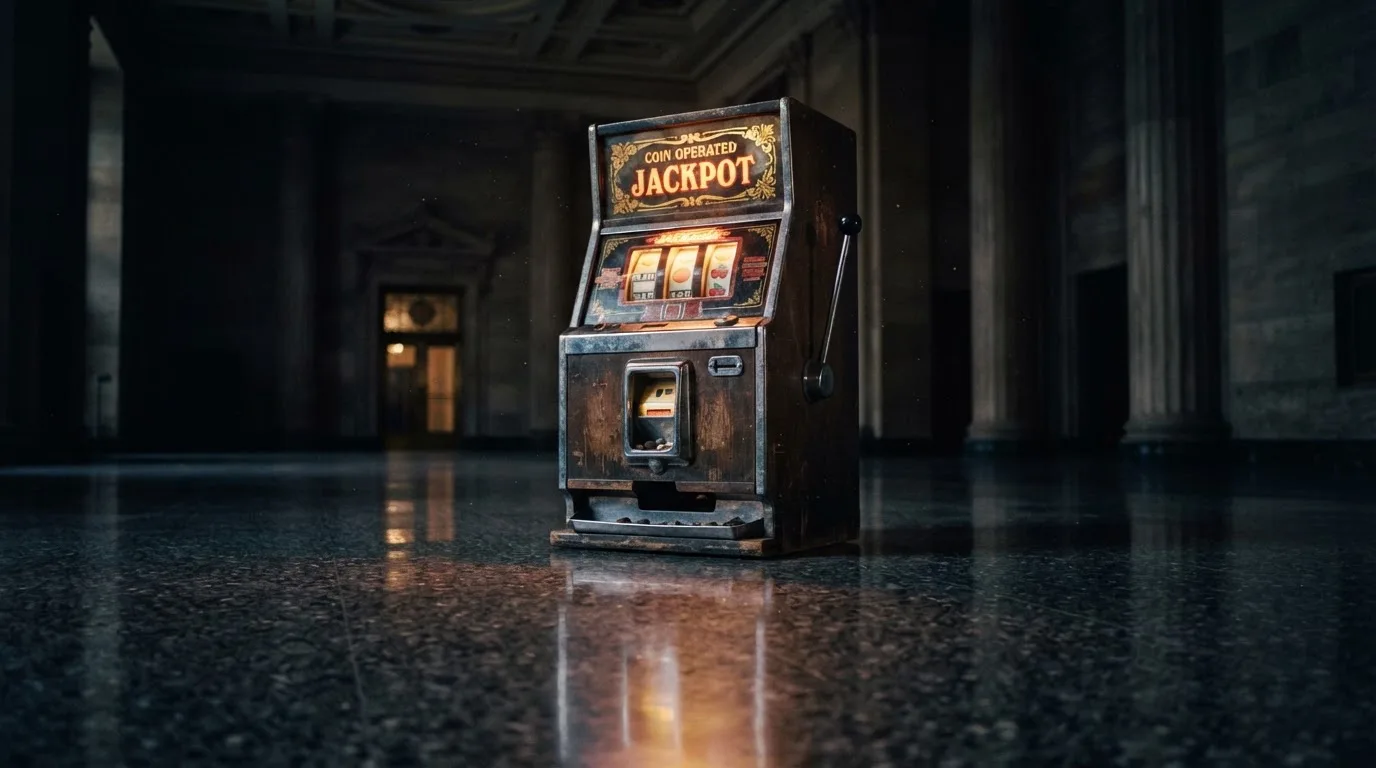 En gammal spelautomat lyser i den dunkla hallen och speglar sig i golvet — casinon utan spelgräns i sverige