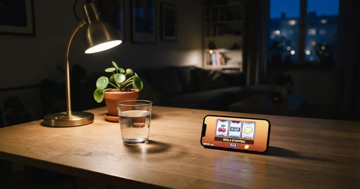 En skrivbordslampa lyser upp ett vattenglas och en kruka, rummet bakom mörknar sakta — casinon utan spelgräns i sverige