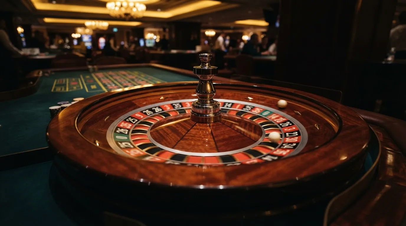 Ett roulettehjul snurrar på ett blankt träbord, den vita kulan glimmar i takljusets guld — casinon utomlands för svenskar