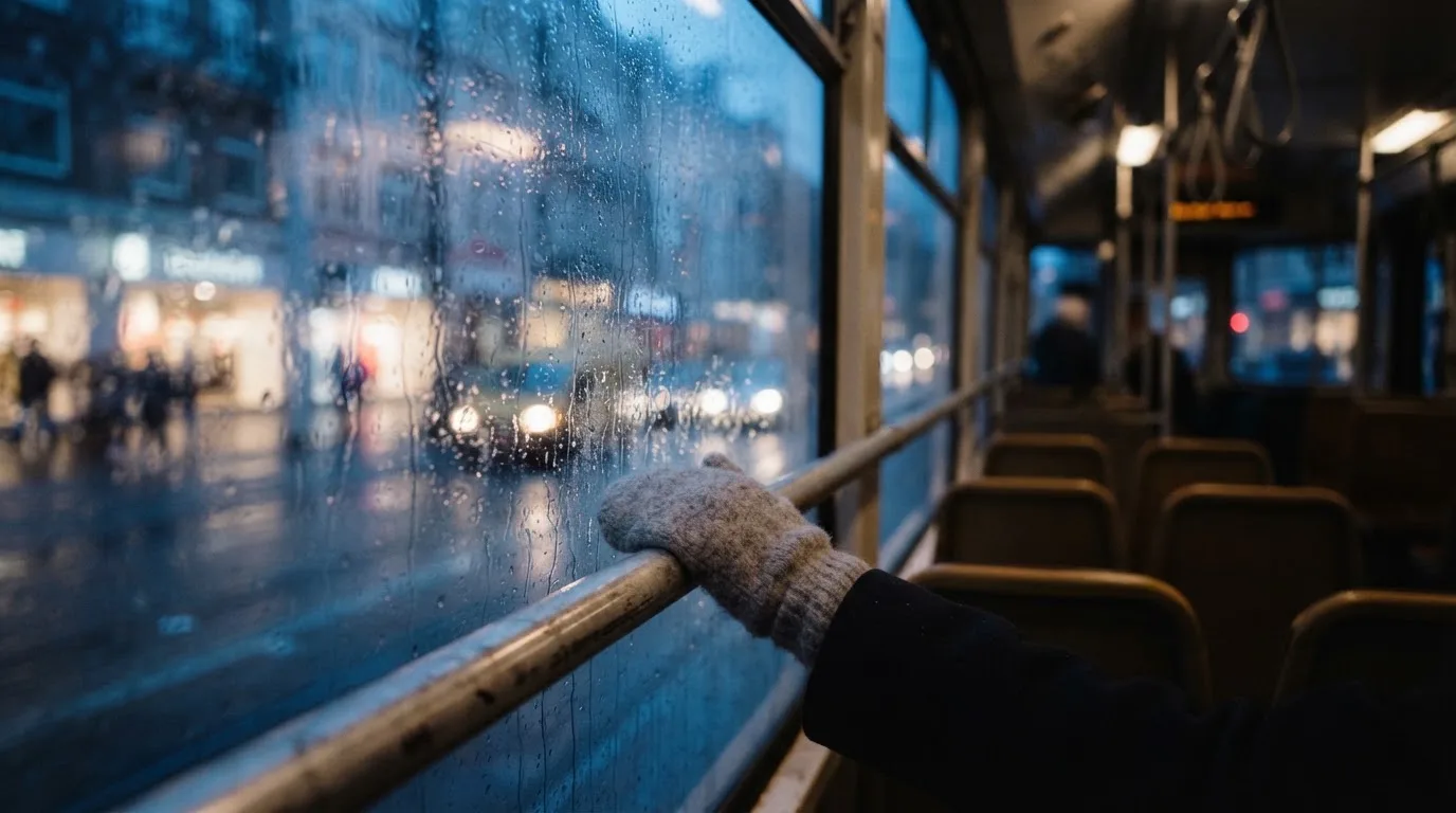 Regndroppar på en spårvagnsruta, bakom glaset en blånande gata, en mjuk yllevante i handen — casinospel i sverige