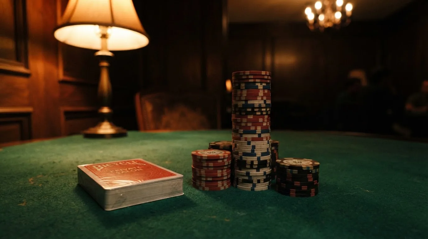 Kortlek och staplar av spelmarker på ett grönt filtbord i en dunkel salong, varmt lampsken — casinostugan för svenskar