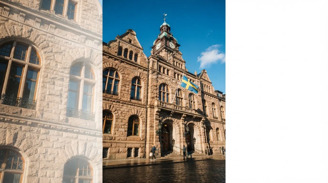Ett gammalt stadshus i sten fotograferat underifrån mot en klarblå himmel, med den svenska flaggan som fladdrar ovanför entrén.