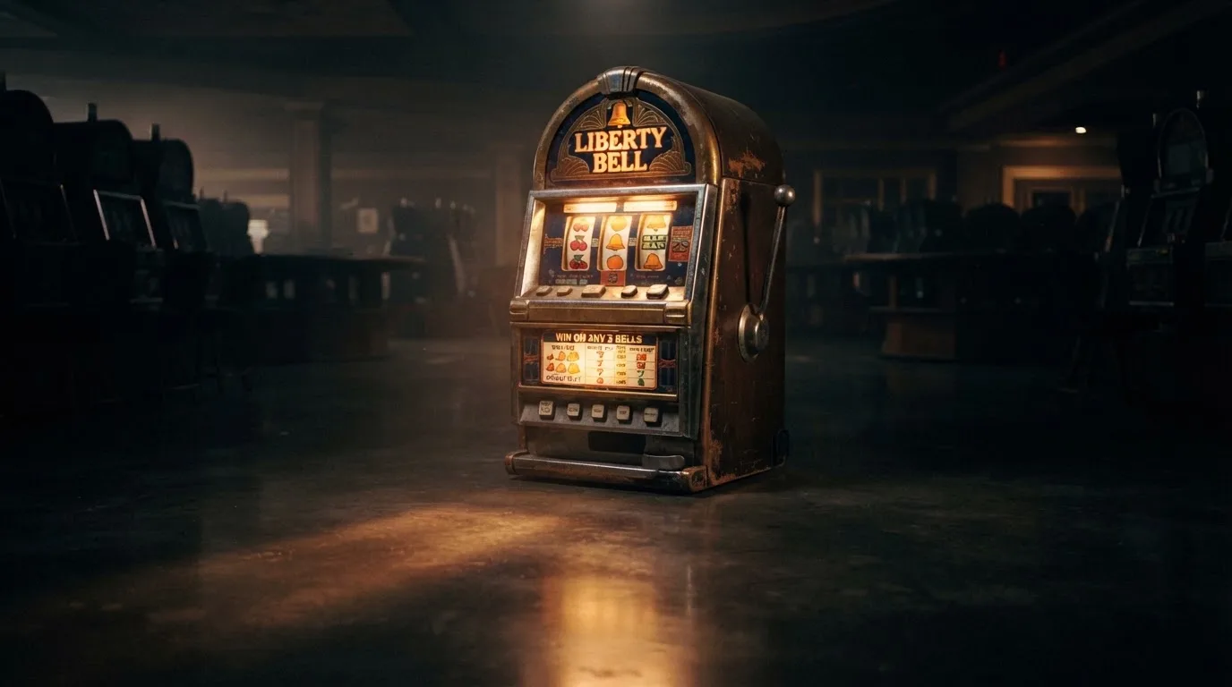 En gammal spelautomat lyser i den dunkla hallen och speglar sig i golvet — hur fungerar casino på nätet