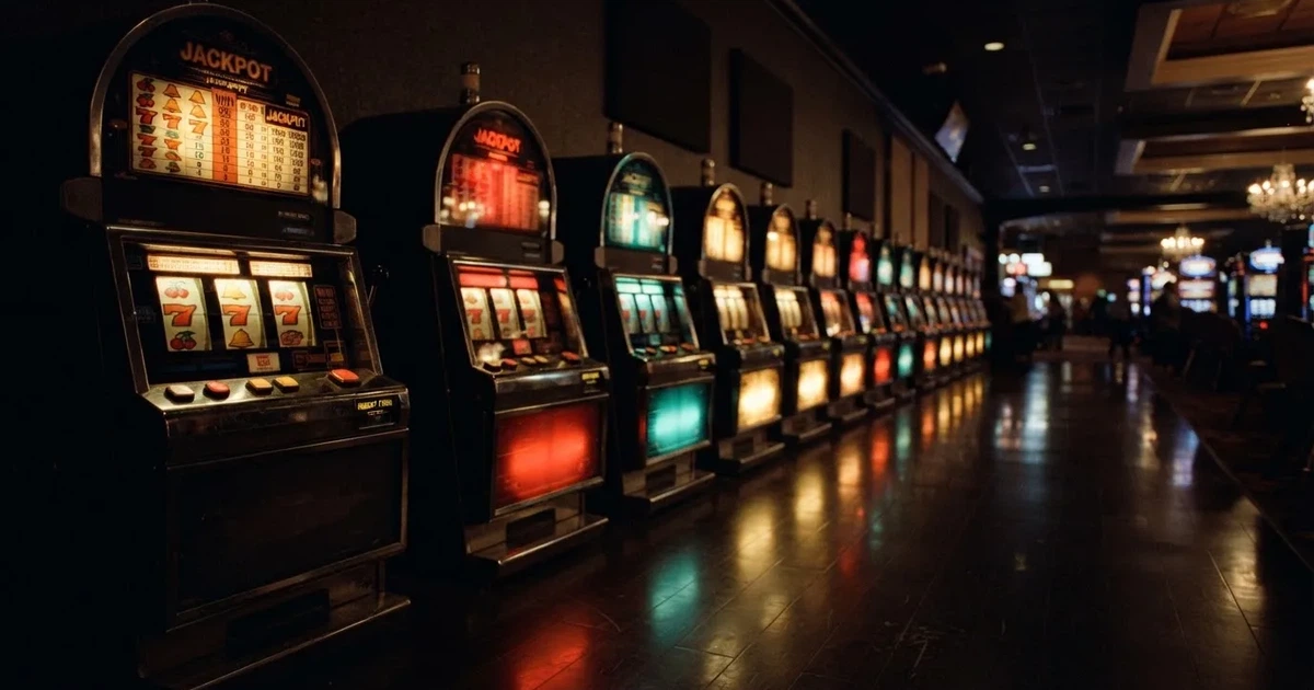 En rad spelskåp i en dunkel hall, rullarna lyser i olika färger och golvet speglar dem — hur fungerar casino på nätet