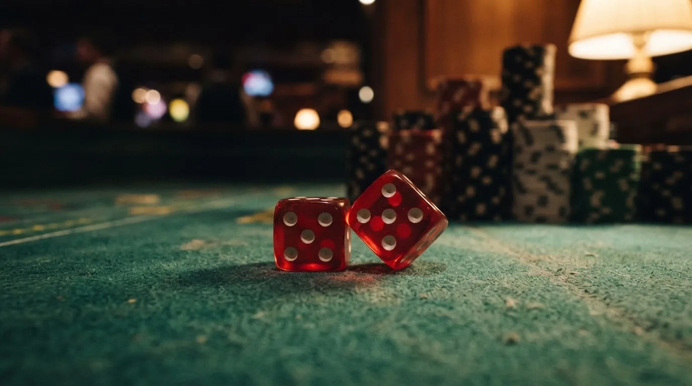Röda tärningar vilar på grönt filt, bakom dem suddiga torn av spelmarker i kvällsdunklet — hur man vinner på casino