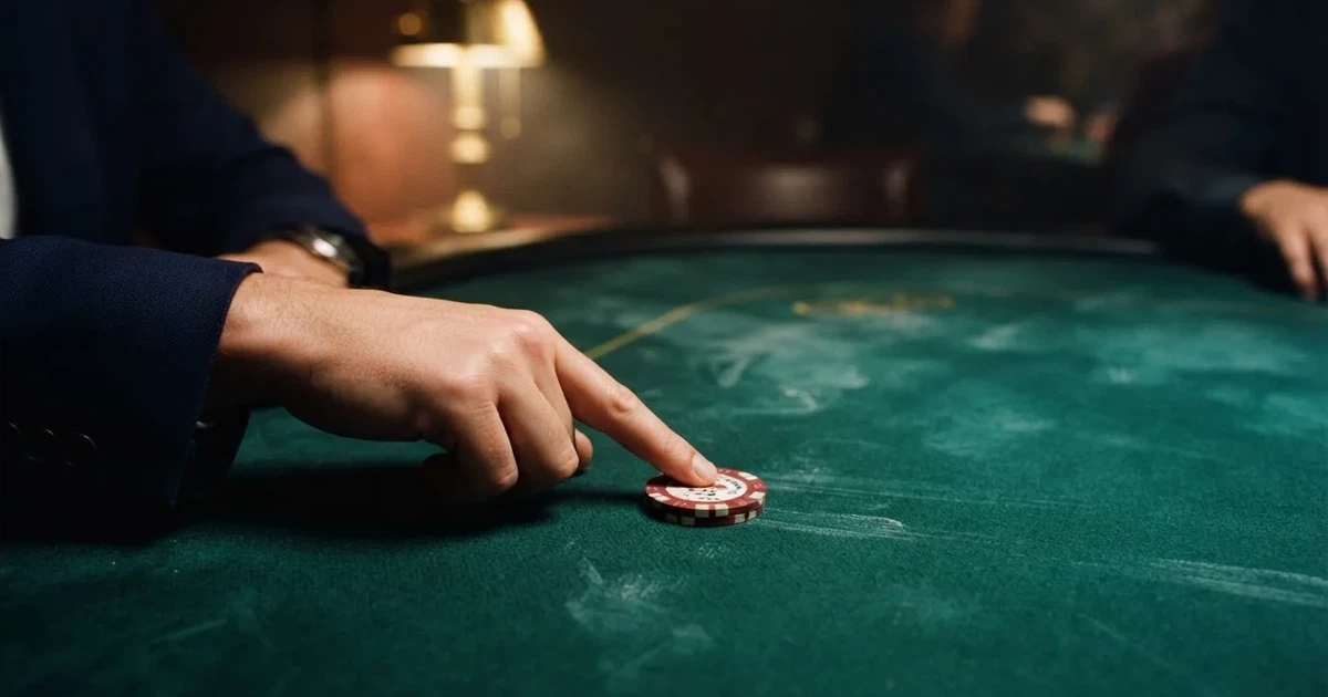 En hand skjuter en spelmark över filten, ljuset träffar fingrarna och markernas kanter glänser — hur man vinner på casino