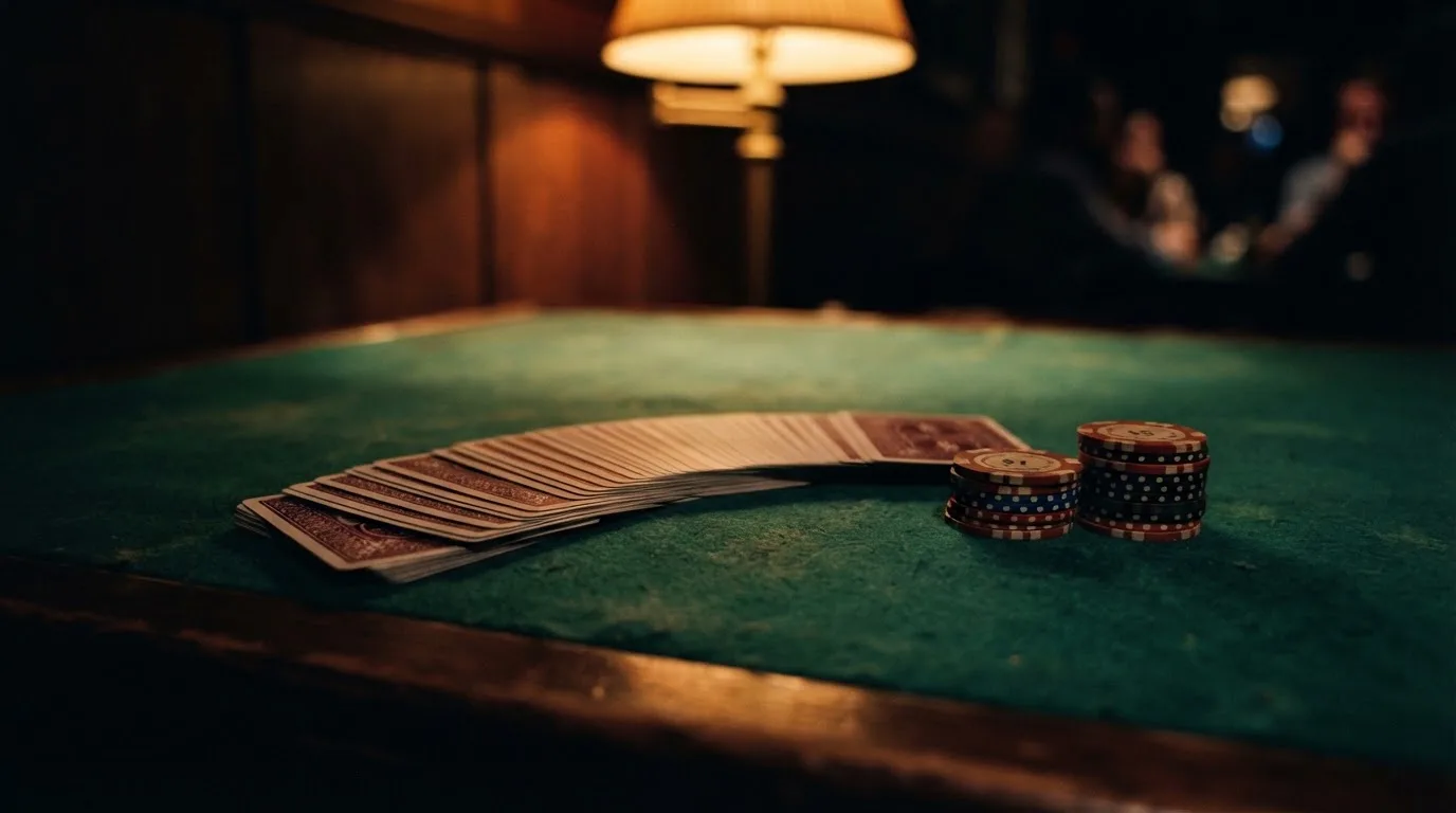 Kortlek och staplar av spelmarker på ett grönt filtbord i en dunkel salong, varmt lampsken — jämförelse av casinon i sverige
