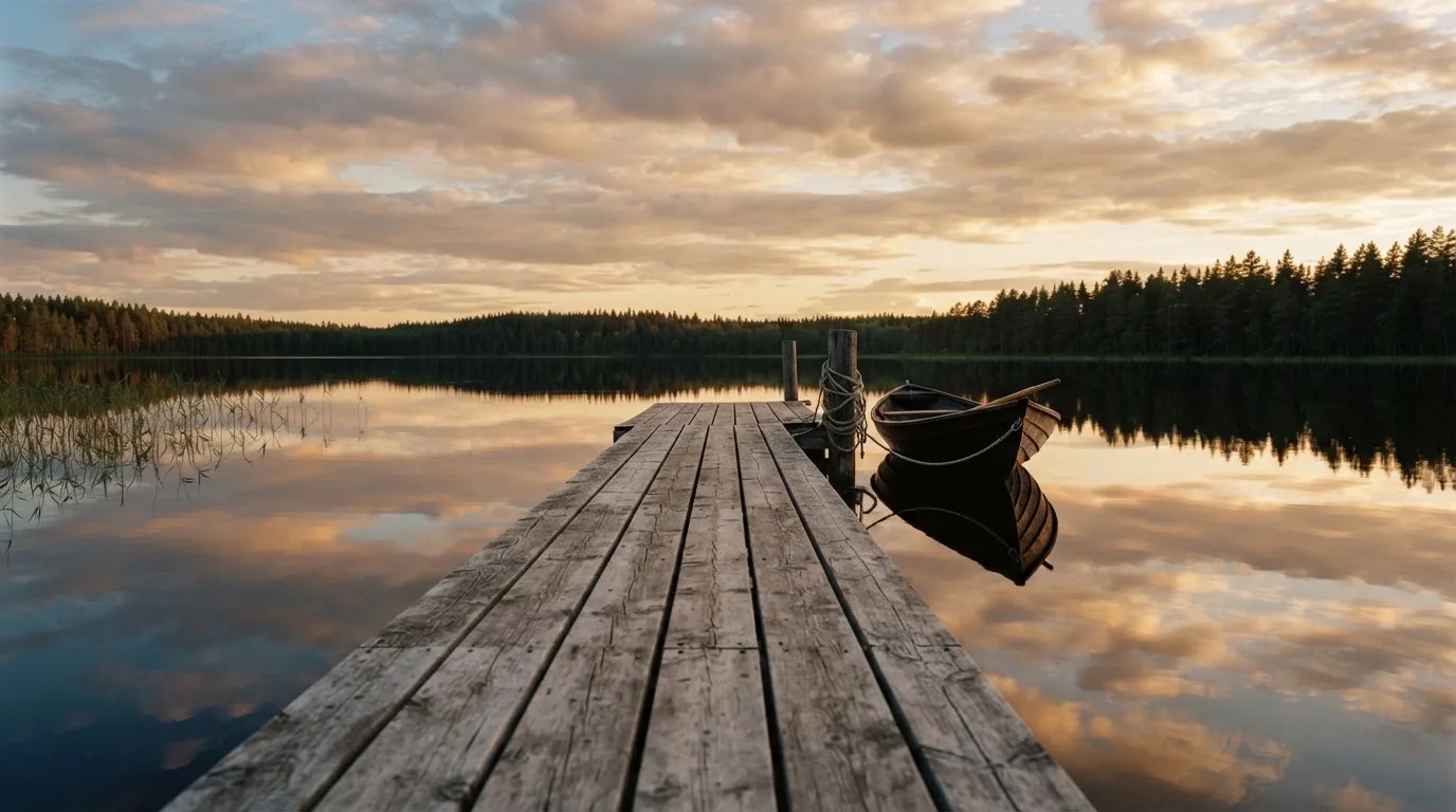 En brygga vid en stilla sjö i solnedgång, roddbåten förtöjd och molnen speglas i vattnet — kasinospel i sverige