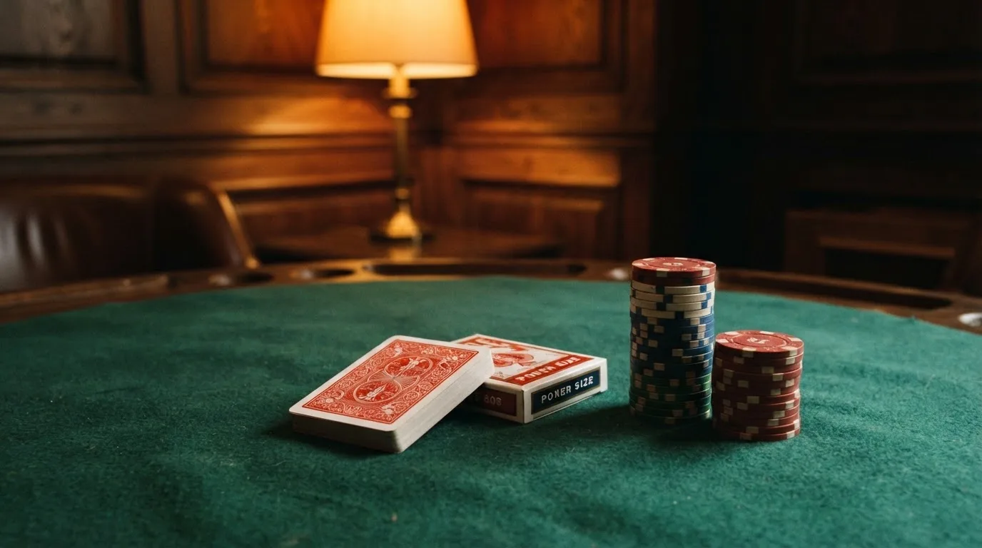 Kortlek och staplar av spelmarker på ett grönt filtbord i en dunkel salong, varmt lampsken — kortspel på ett kasino