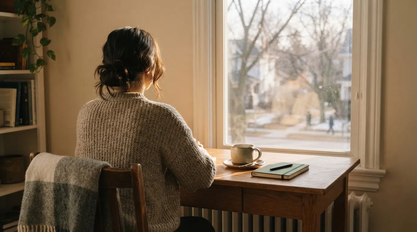 En person sitter vid ett skrivbord hemma med en kopp kaffe och tittar ut genom fönstret i mjukt morgonljus.