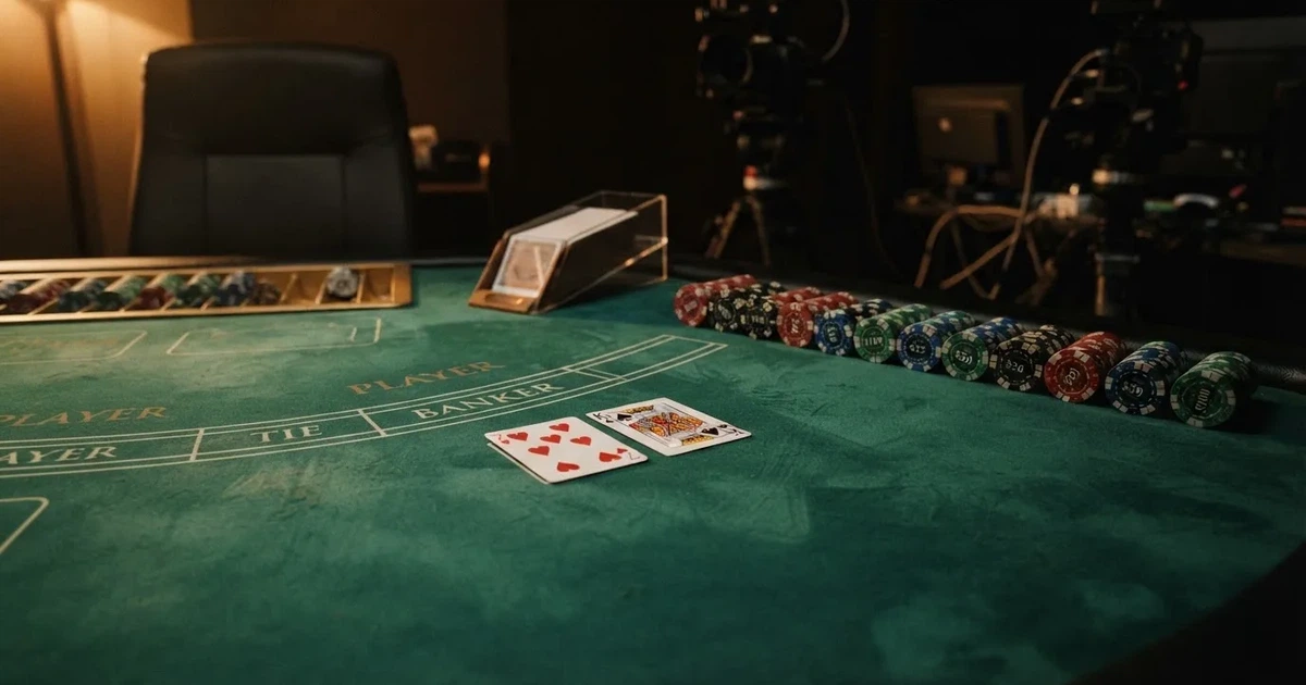 En studiomiljö med ett grönt spelbord, kortlekar och marker uppradade, fotograferad i halvskugga utan synliga personer i förgrunden.
