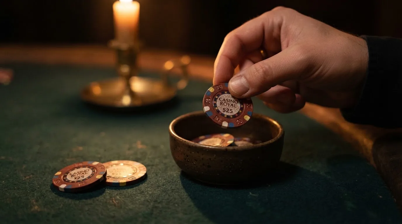 En hand lyfter en spelmark ur en skål, ljuslågan färgar bordet gyllenbrunt — live roulette i sverige