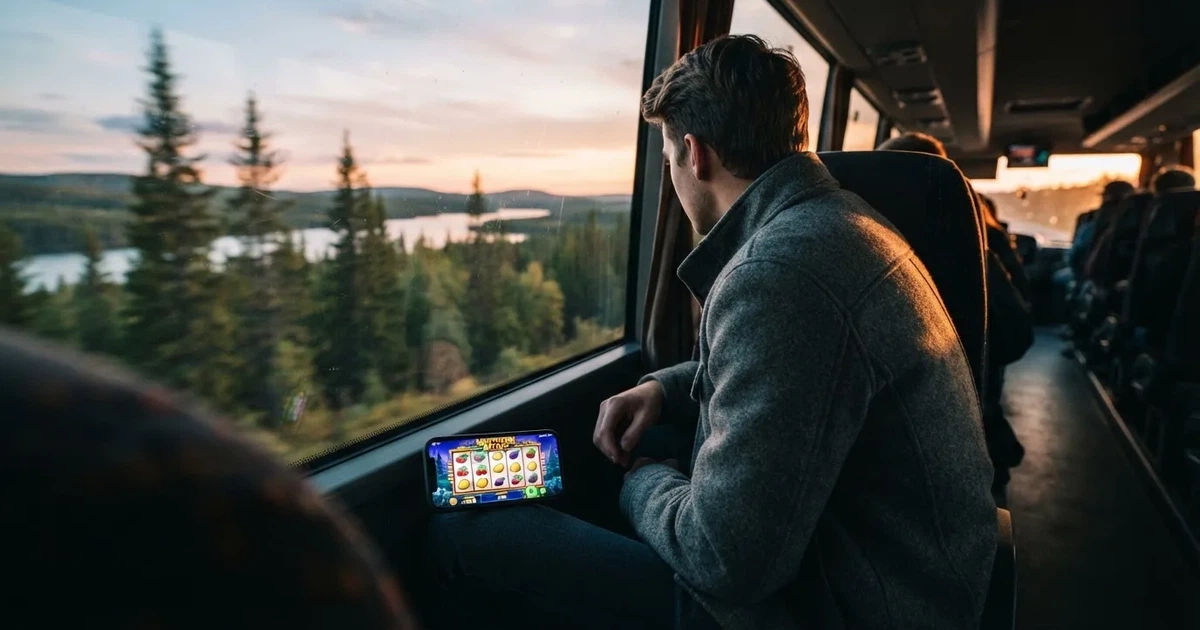 En passagerare vid bussfönstret med en stängd mobil i knät, granar flimrar förbi i solnedgång — mobil kasino i sverige