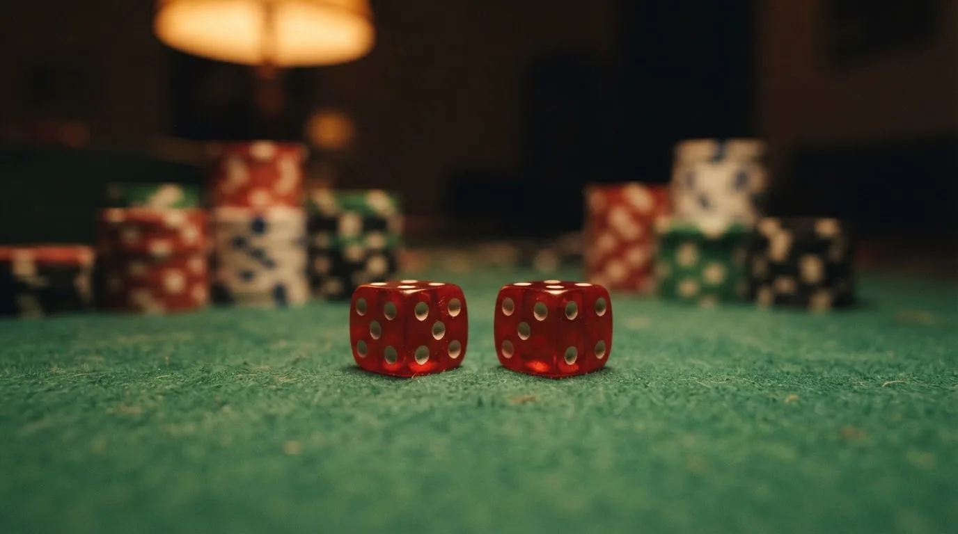 Röda tärningar vilar på grönt filt, bakom dem suddiga torn av spelmarker i kvällsdunklet — nytt casinon i sverige