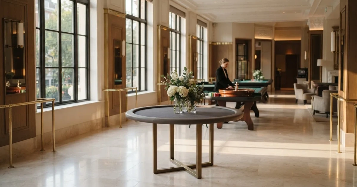 En nyöppnad spelsal med blankt marmorgolv, mässingsräcken och färska blommor i morgonljus — nytt casinon i sverige
