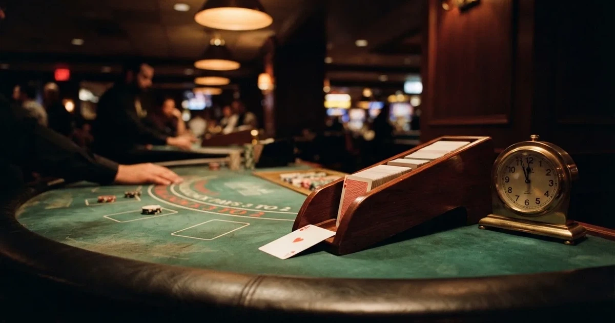 Grönt filt och en lång kortlåda av trä vid bordskanten, bredvid en blank mässingsklocka — online blackjack i sverige