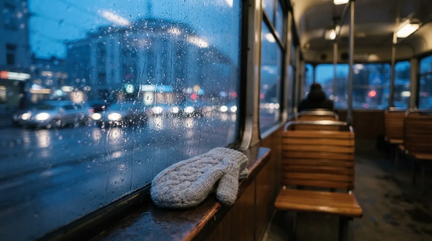 Regndroppar på en spårvagnsruta, bakom glaset en blånande gata, en mjuk yllevante i handen — online kasino i sverige