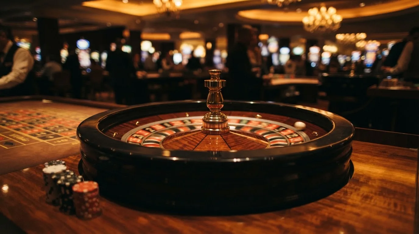 Ett roulettehjul snurrar på ett blankt träbord, den vita kulan glimmar i takljusets guld — online spelautomater i sverige