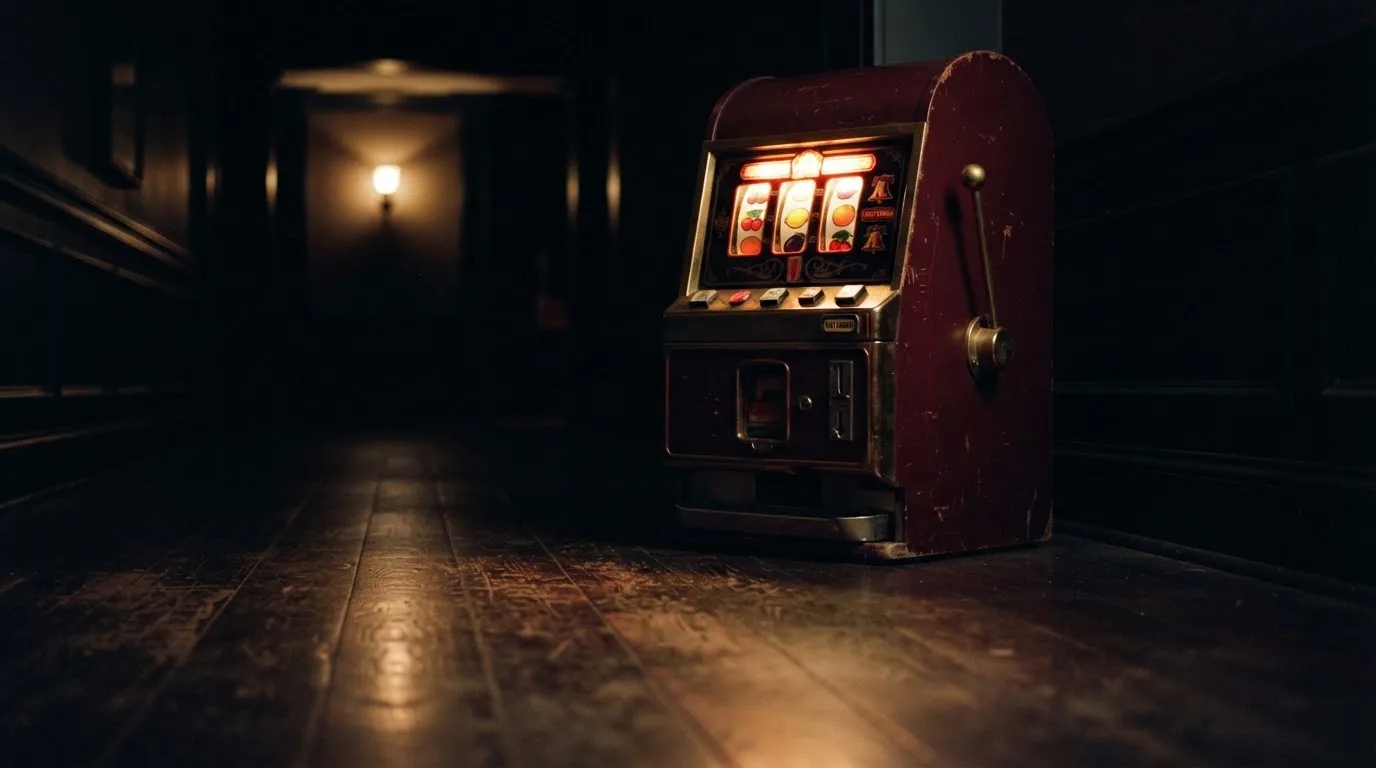 En gammal spelautomat lyser i den dunkla hallen och speglar sig i golvet — populära casinon i sverige