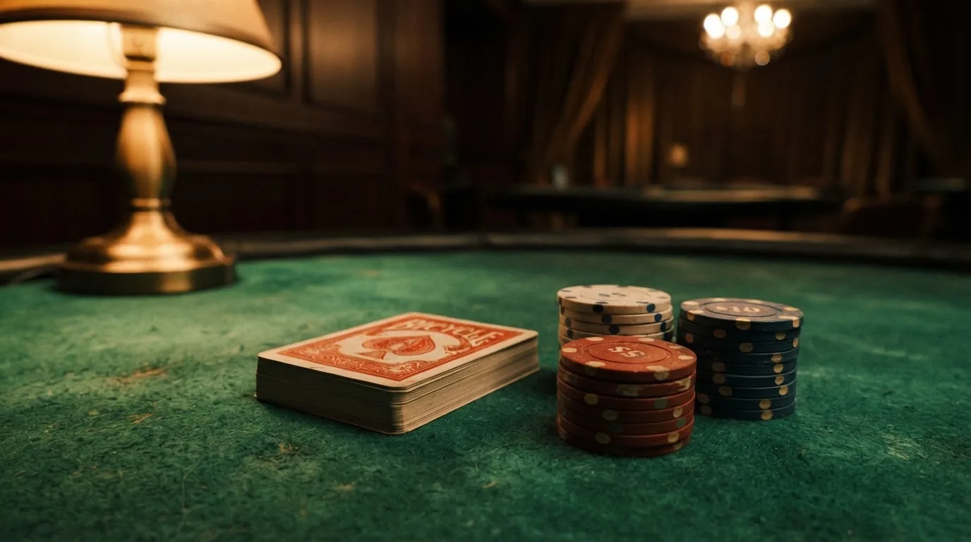 Kortlek och staplar av spelmarker på ett grönt filtbord i en dunkel salong, varmt lampsken — roulette gratis i sverige