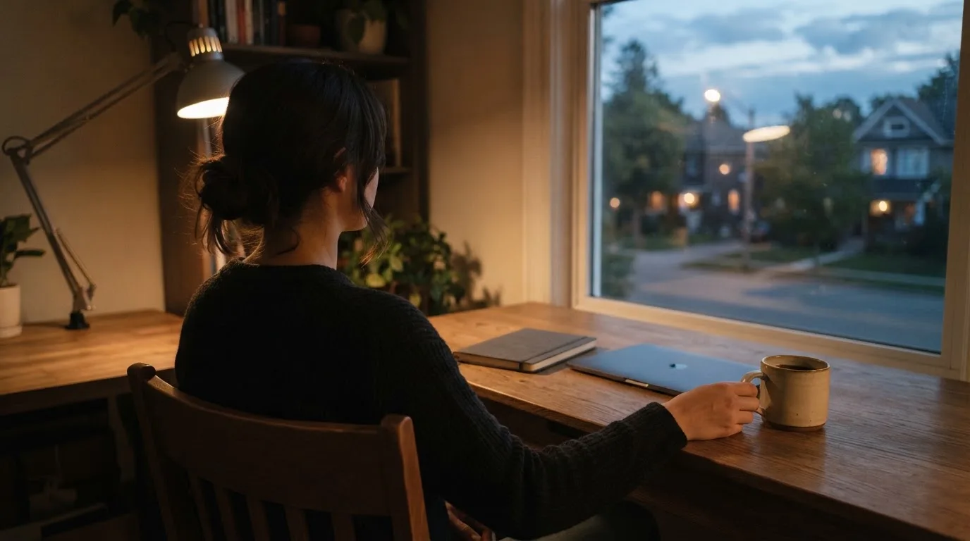 En person sitter vid ett skrivbord hemma med en kopp kaffe och tittar ut genom fönstret medan kvällsljuset faller in mjukt.