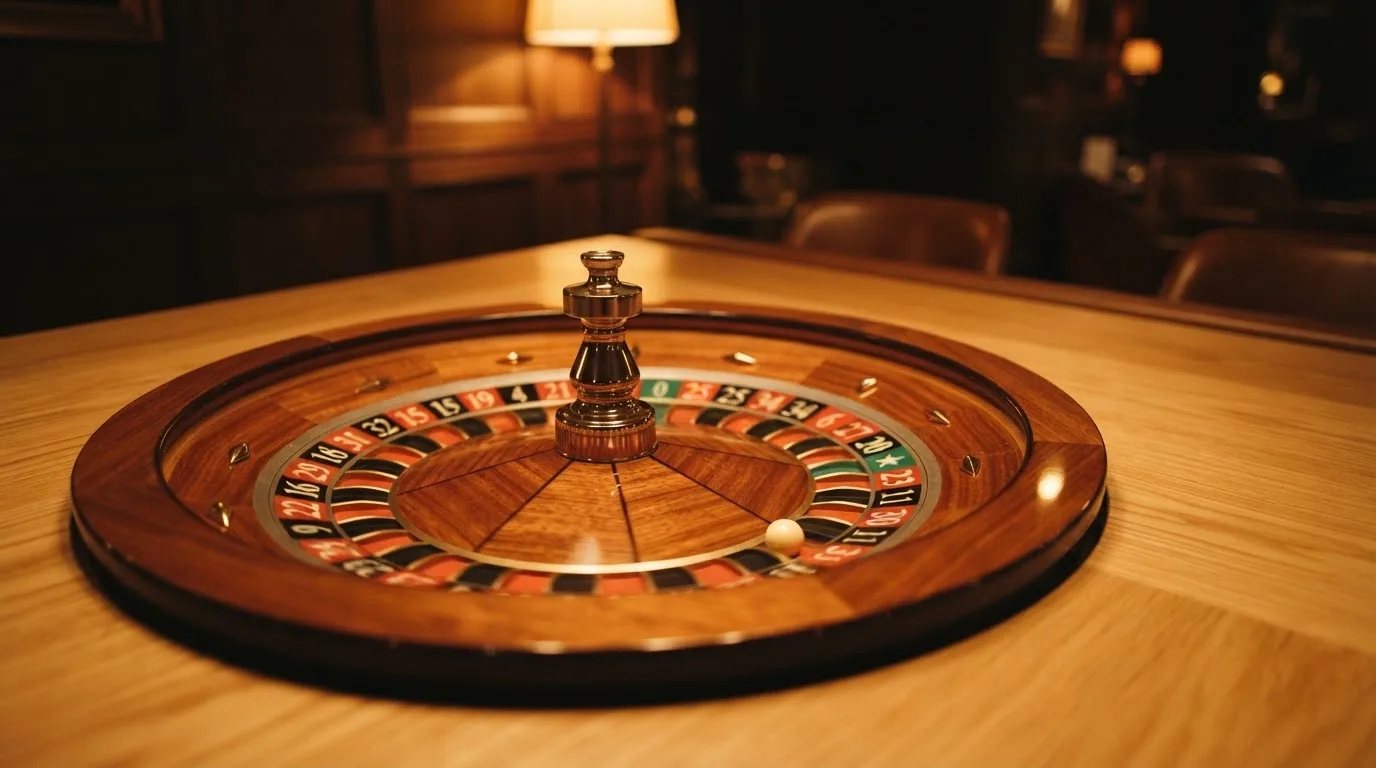 Ett roulettehjul snurrar på ett blankt träbord, den vita kulan glimmar i takljusets guld — roulette på nätet i sverige