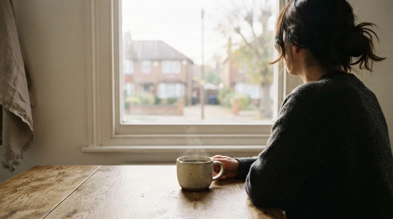 En person sitter vid köksbordet med en kopp kaffe och tittar ut genom fönstret i mjukt morgonljus.