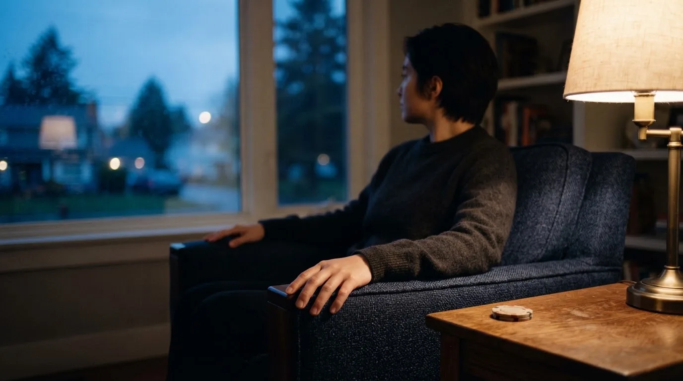 En person sitter ensam i en fåtölj med händerna knäppta och blicken riktad ut genom fönstret en lugn kväll.